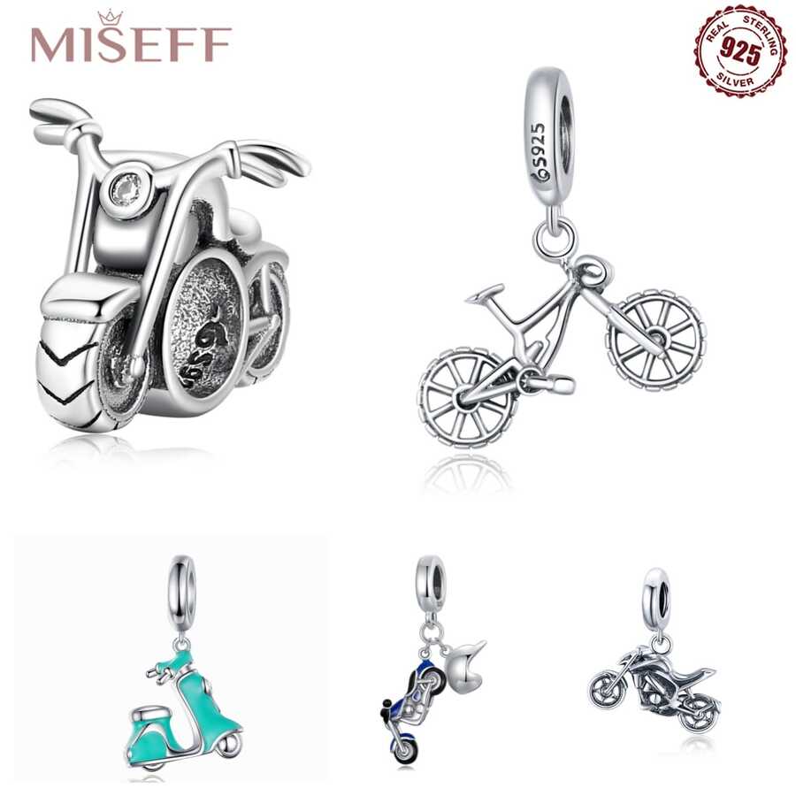 MISEFF 全新 1入組 925 純銀炫酷交通復古摩托車珠吊飾手鍊DIY珠寶製作男孩女孩生日禮物兒童節禮物