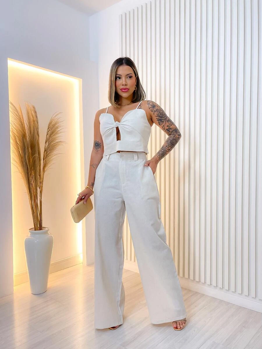 Conjunto Alfaiataria Pantalona com Cropped Alça - Branco - Visão 1