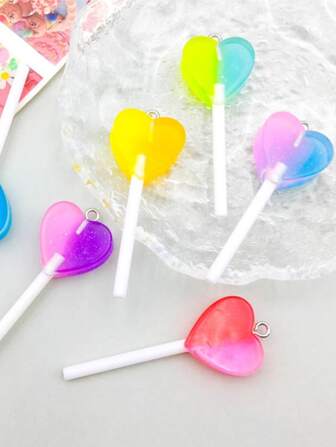 10pcs/pack Cute Heart Shaped Lollipop Design Diy Resin Earring, Keychain, Purse, Bag Accessory Pendant Material