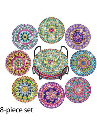 8 st Blommandala mönster Diamantmålarunderlägg DIY Set med asymmetriska abborrar och kopphållare