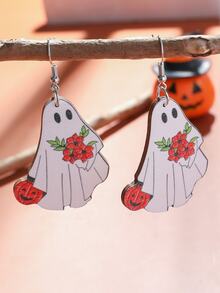 1對哥特式復古木製鬼魂設計耳環,創意南瓜形狀女士耳飾,適用於萬聖節和感恩節派對服裝配件