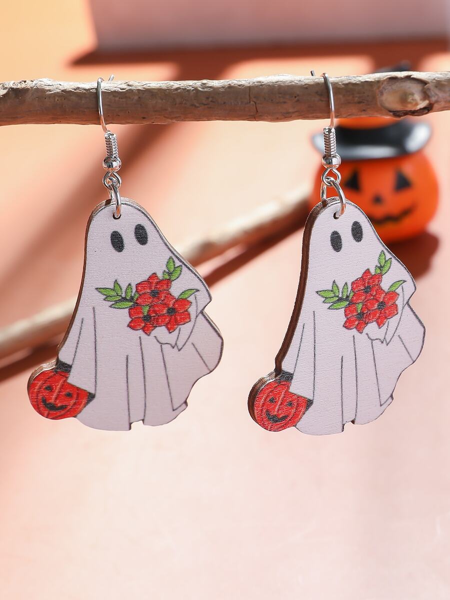 1對哥特式復古木製鬼魂設計耳環,創意南瓜形狀女士耳飾,適用於萬聖節和感恩節派對服裝配件