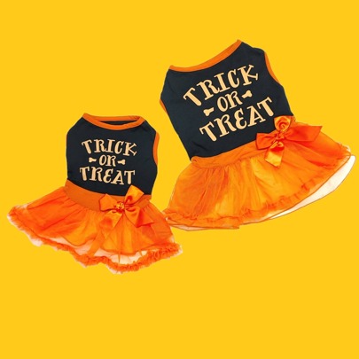1pc Black & Orange Print Pet Dress With Mesh Bow, Suitable For Cats & Dogs Halloween Costume