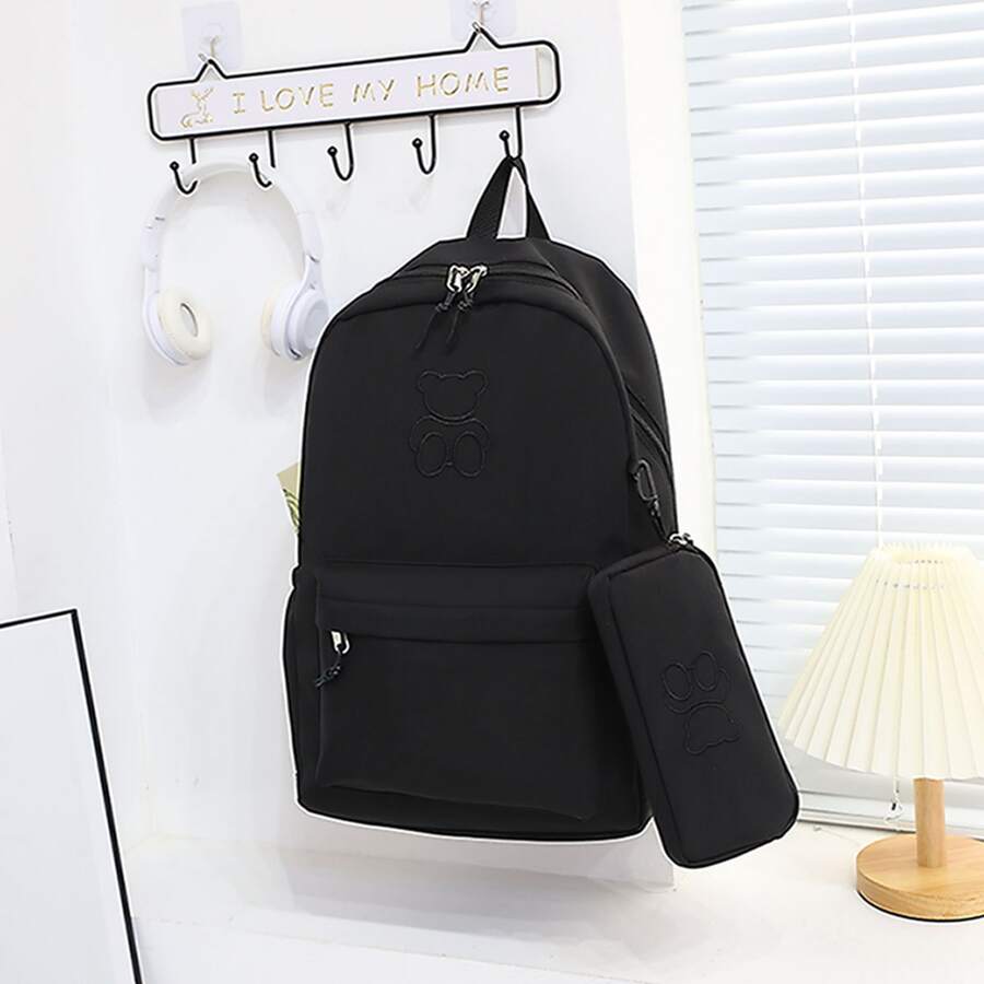 2入組多功能時尚學生背包,防水尼龍材質 - 黑色 - 查看 1