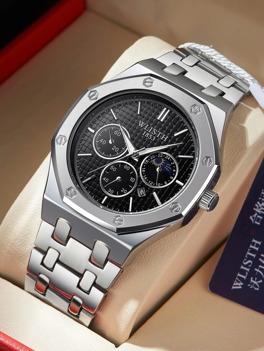 Orologio da uomo di lusso WLISTH, in acciaio inossidabile, movimento al quarzo, impermeabile, con data, illuminazione notturna, con confezione