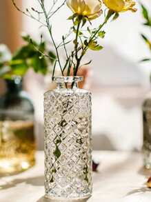 1pc Small Transparent Glass Bottle, Oil Diffuser, Vase With Raised Diamond Pattern Design - Clear - View 1