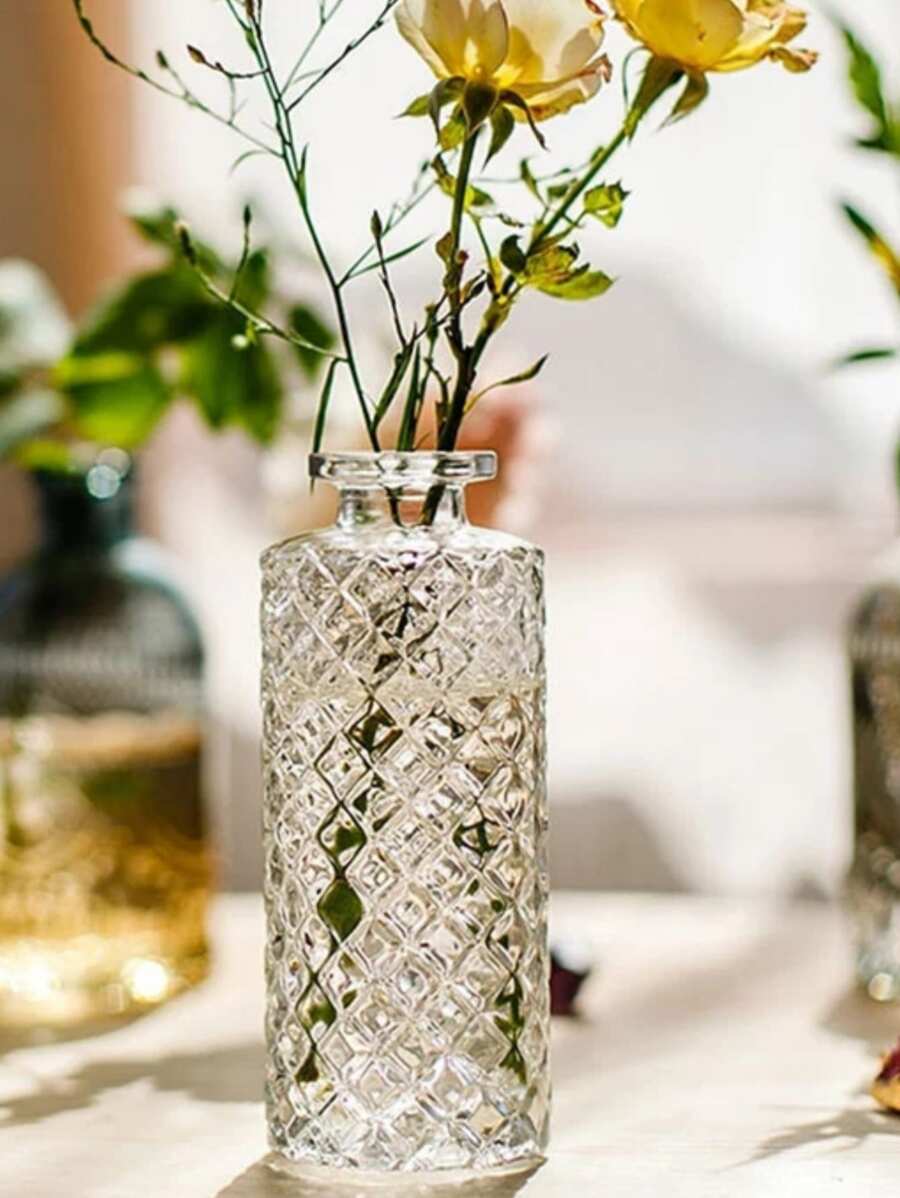 1pc Small Transparent Glass Bottle, Oil Diffuser, Vase With Raised Diamond Pattern Design - Clear - View 1