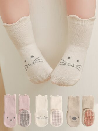 3pairs Thickened Slip-resistant Floor Cartoon Fleece Inner Socks For Baby, Autumn/winter