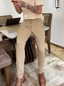 Calça Em Alfaiataria Masculina De Sarja Premium Cor Caqui - Caqui - Visão 6