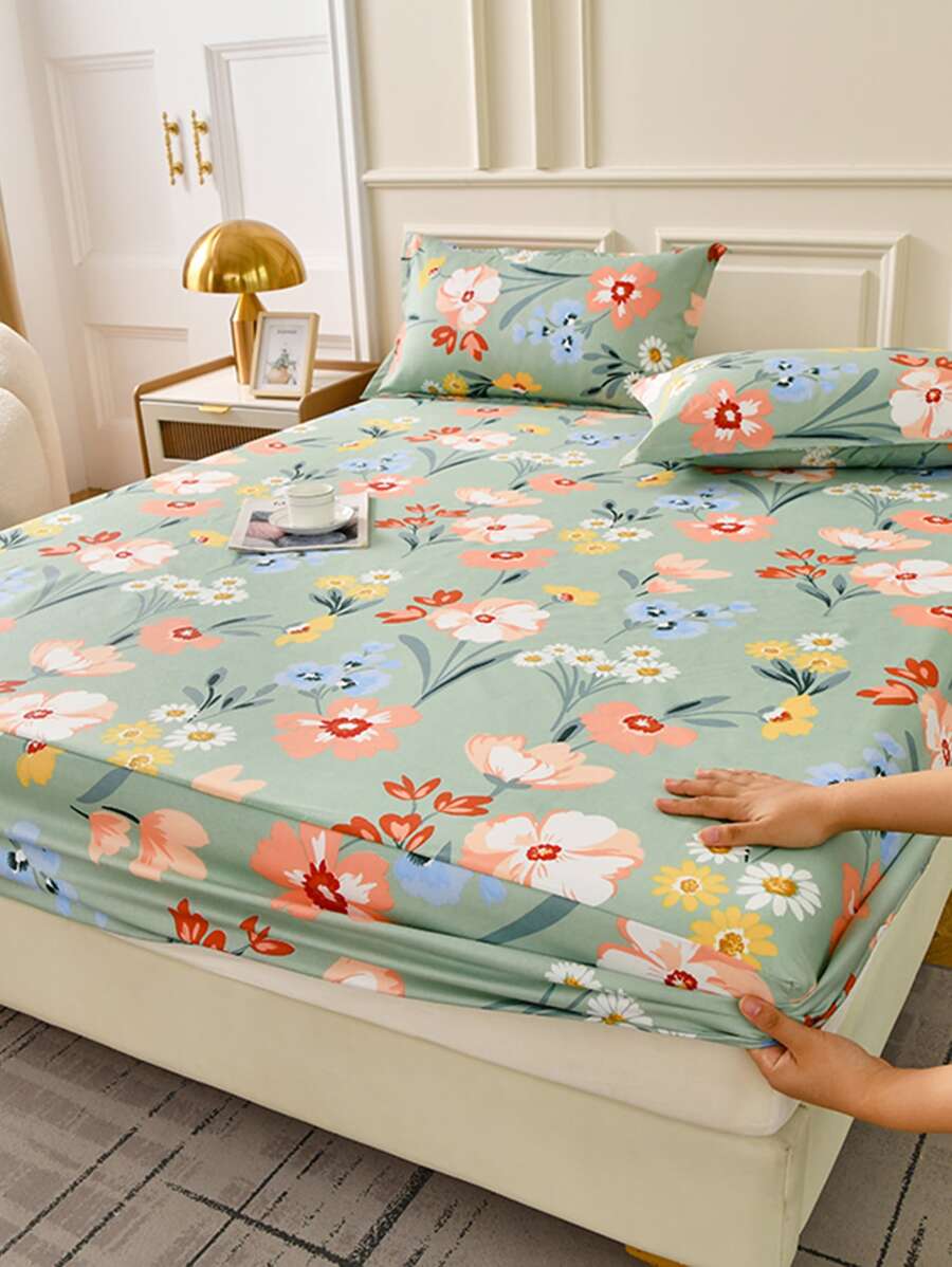 3pcs/Set Soft Breathable Printed Fitted Sheet With 2 Pillowcases