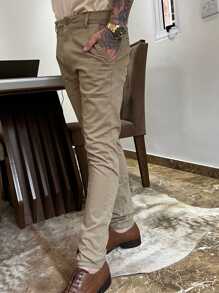 Calça Em Alfaiataria Masculina De Sarja Premium Cor Caqui - Caqui - Visão 3