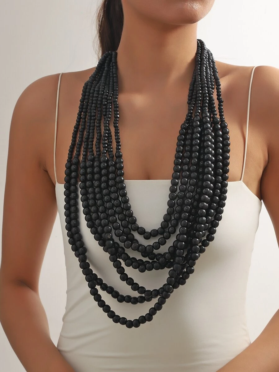 1 PC Nhiều Lớp Đính Hạt Gỗ Thời Trang & Phóng Đại Phong Cách Bohemian Vòng Cổ Yếm Cho Nữ - màu đen - Xem 1