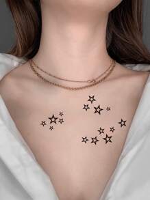 1入組龐克風格黑色空心五角星暫時性紋身貼紙,適用於鎖骨、手腕、手臂、前胸、肩膀和背部 - 黑色 - 查看 1