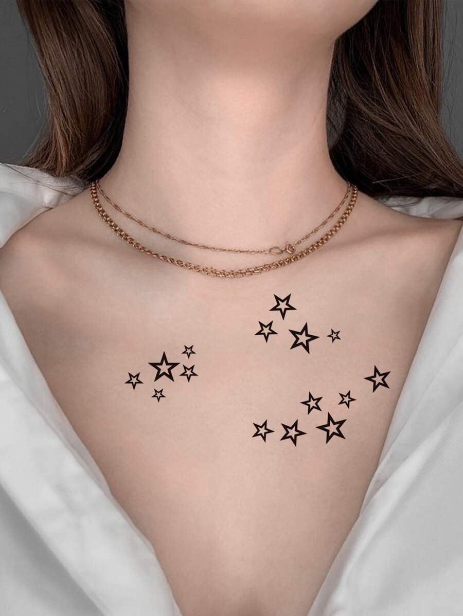1入組龐克風格黑色空心五角星暫時性紋身貼紙,適用於鎖骨、手腕、手臂、前胸、肩膀和背部 - 黑色 - 查看 1