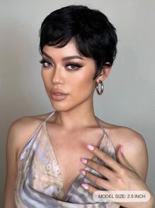 Pixie Cut Wigs 3 Inch Short Layered Curly Pixie Cut Black Synthetic Hair Wigs With Bangs For Women Daily Party Use - Black - View 2