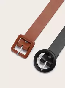 2 Piezas/conjunto Hebilla De Cinturón Decorativa De Bolsa Cuadrada Y Circular En Pu, Moderna Y Versátil Para Uso Diario, Cinturón De Mujer - Multicolor - Ver 3