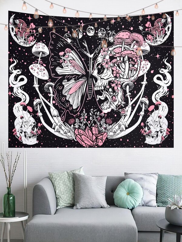 1pc Skull & Butterfly Pattern Printed Tapestry, Elegant Polyester Fiber