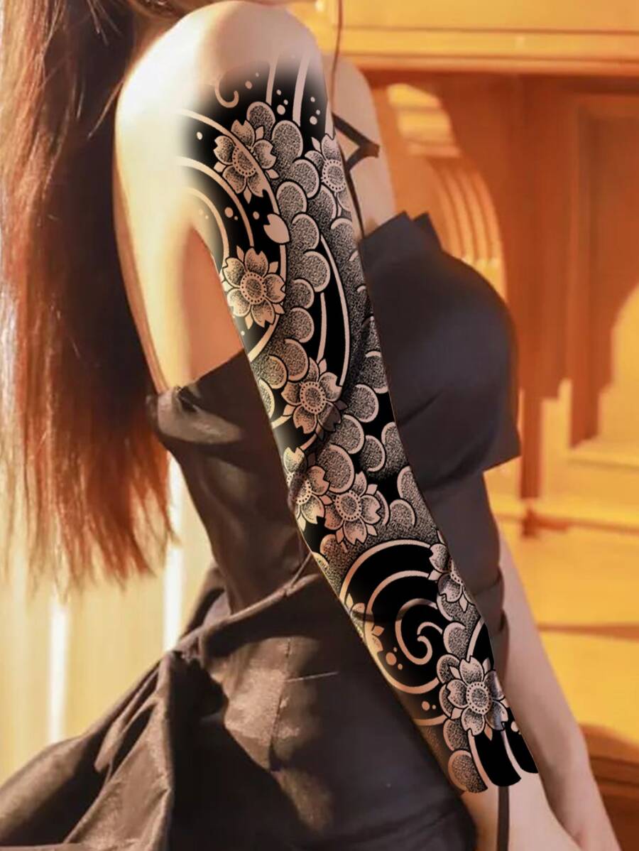 1枚黑色圖騰和櫻花紋身貼紙,適用於手臂 - 黑色 - 查看 1