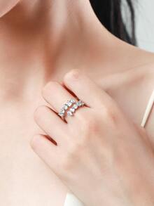 1 pieza Anillo abierto ajustable de lujo de plata de ley 925 incrustado con circonita sintética brillante, adecuado para uso en bodas y fiestas de mujeres - Plateado - Ver 2