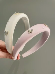 2入組女式復古蝴蝶鑽飾寬頭帶,簡約時尚的法式緞邊髮飾 - 彩色 - 查看 1