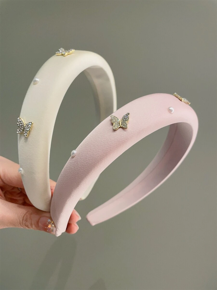 2入組女式復古蝴蝶鑽飾寬頭帶,簡約時尚的法式緞邊髮飾 - 彩色 - 查看 1