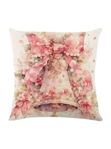 1入粉色鈴鐺圖案亞麻枕套(不含芯),45cm*45cm/17.72英寸*17.72英寸,方形,單面印刷,拉鍊閉合,柔軟舒適的裝飾墊套,非常適合女孩房間裝飾
