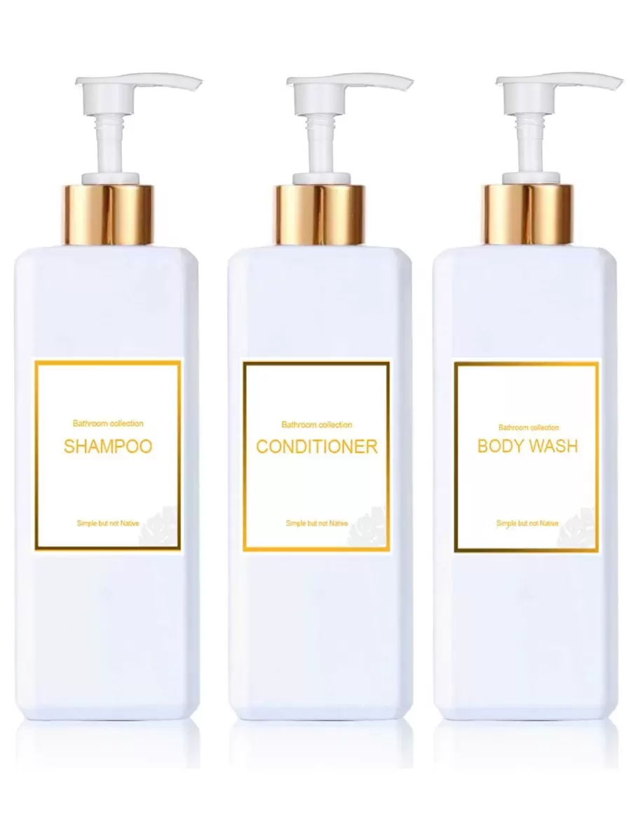 3pcs Square White Shampoo, Conditioner, Body Wash Dispenser Bottles With Waterproof Labels, Home Bathroom Decor, Autumn, Back To School Decoration