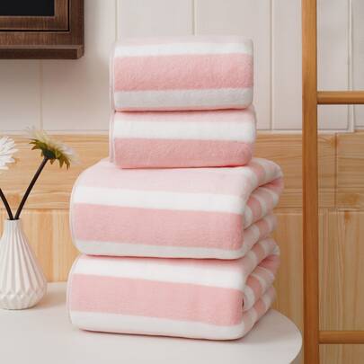 3/1pc Coral Fleece Super Soft Fiber Non-Shedding Bath Towel/Towel, 8pcs (4 Face Towels + 2 Hand Towels + 2 Bath Towels) Striped Soft Absorbent Bathroom Towels, Suitable For Bathroom, Pool, Beach Shower Towels For Beauty Salon, Hotel Sports,Home Essentials, Towel, Skin Care Bath Towel Sheet