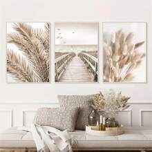 3 pièces Ensemble de peinture décorative, art mural de paysage moderne de plage de pier de paysage marin de feuilles de style boho beige, impressions sur canevas de style minimaliste pour la décoration de la maison, encadrable
