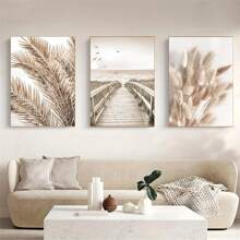 3 pièces Ensemble de peinture décorative, art mural de paysage moderne de plage de pier de paysage marin de feuilles de style boho beige, impressions sur canevas de style minimaliste pour la décoration de la maison, encadrable