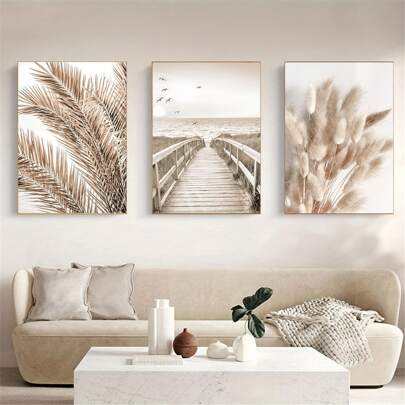 3pcs Set Decorative Painting Modern Beige Boho Leaves Seascape Beach Pier Landscape Wall Art, Minimalist Style Home Room Decor Canvas Prints, Framable,Poster Gifts Birthday Graduation