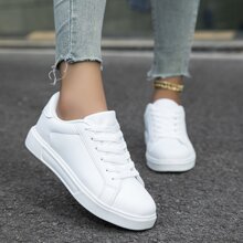 Zapatos De Mujer Estilo Deportivo Casual, Estilo De Moda Zapatos Planos Elegantes Para Todas Las Estaciones, Patines, Zapatillas De Deporte Blancas Para Mujer