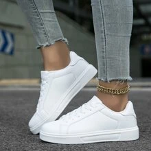 Zapatos De Mujer Estilo Deportivo Casual, Estilo De Moda Zapatos Planos Elegantes Para Todas Las Estaciones, Patines, Zapatillas De Deporte Blancas Para Mujer