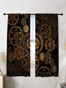 2pcs Gold Color Gear Printed Blackout Curtains For Windows