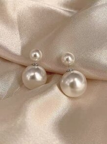 1对个性化甜美简约双面仿珍珠耳钉，适合女性日常佩戴 - 白色 - 查看 4