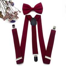 1 套男士勃艮第休闲领结背带套装，带背带裤夹，适合外出装、婚礼派对和万圣节礼物配饰，万圣节服装秋冬配饰万圣节服装，适合青少年、青年、男士、休闲、户外、运动、度假、毕业礼物、生日、日常穿着 - 酒紅色 - 查看 2