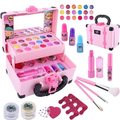 Maquillaje de Juguete para Niñas 34 en 1, Kit Lavable con Espejo y Accesorios, Regalos para Niñas 3-12 Años Fiestas Cumpleaños