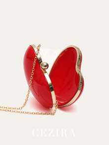 CEZIRA Acrylic Heart-Shaped Evening Bag, Metal Frame Clasp Wallet, Long Chain, Fashion & Cute, Crossbody Shoulder Handbag, Women's Party Gift - Red - View 3