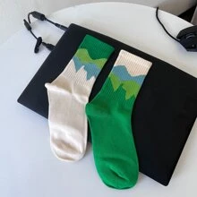 1pair Green Mountain Color Block Mid-calf Socks - Green - View 2