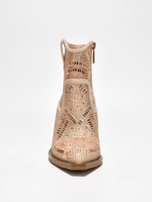Women's  Rhinestone Suede Block Heel Booties - Single Pointy Toe Suede Western High Heel - 金色 - 查看 5