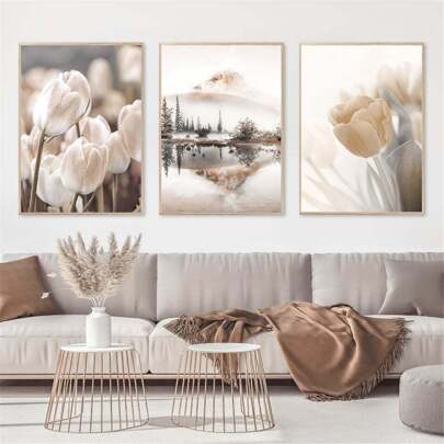 3pcs Decorative Painting Set, Modern Minimalist Beige & White Tulip, Mountain, Lake And Fog Landscape Posters, Bohemian Style Wall Art For Living Room Bedroom, Framed Or Unframed