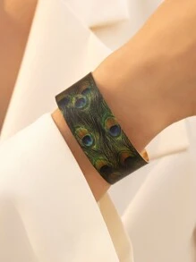 1條歐美復古彩繪孔雀羽毛開口寬手鍊 - 綠色 - 查看 1