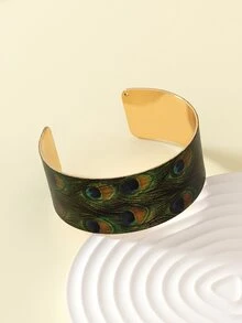 1條歐美復古彩繪孔雀羽毛開口寬手鍊 - 綠色 - 查看 4