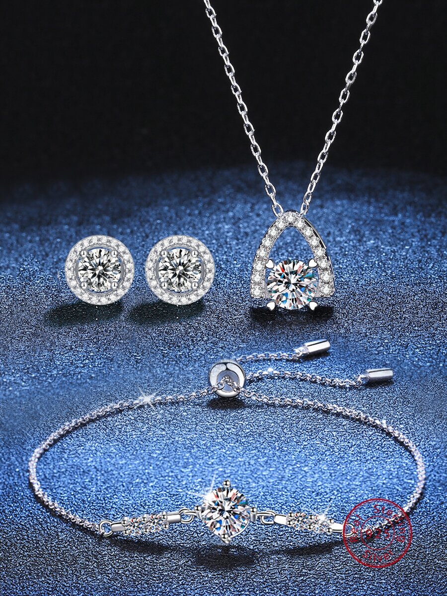 4入組甜美多變925純銀和立方氧化鋯女士套裝,包括耳釘、手鍊和頸鍊。適合日常磨合、通勤、聚會和作為禮物。