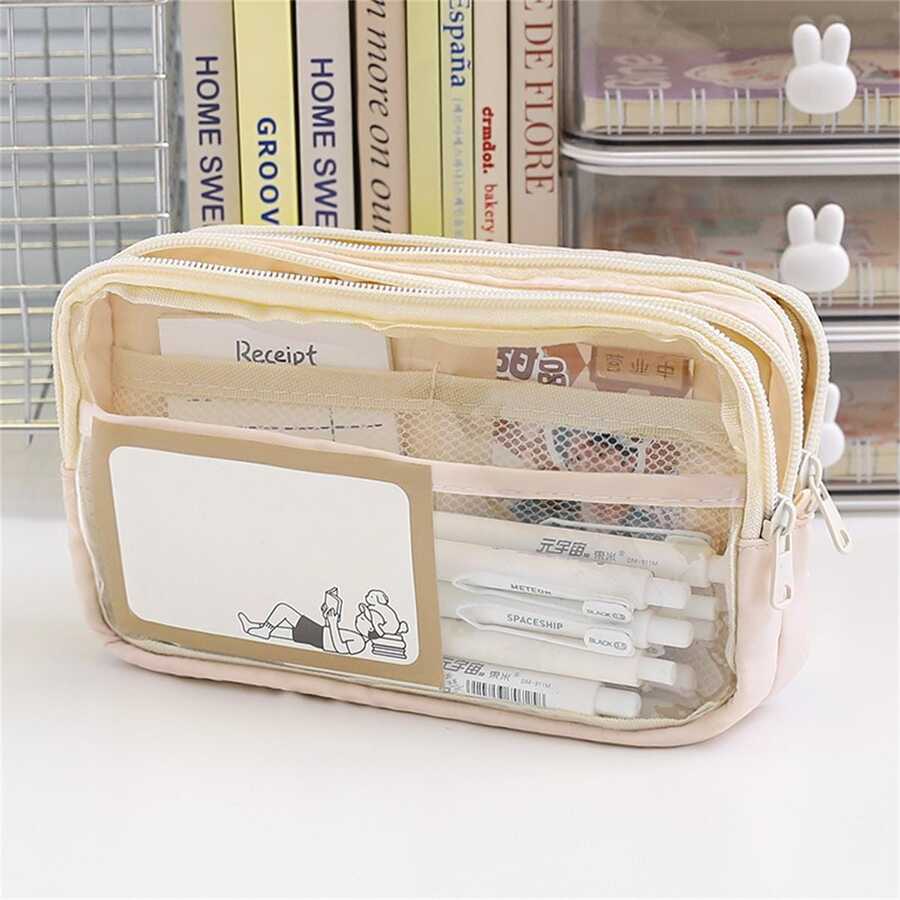 1pc Transparent Pencil Case Large Capacity Stationery Box With Multiple Compartments, Mesh Pockets And Double Zipper, Simple Style, Multi-functional - Beige - View 1