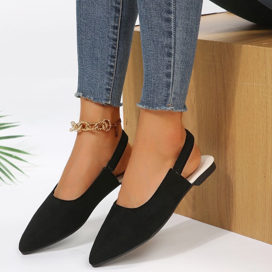 女士尖頭空心扁鞋,配踝帶,適用於夏季 - 黑色 - 查看 1