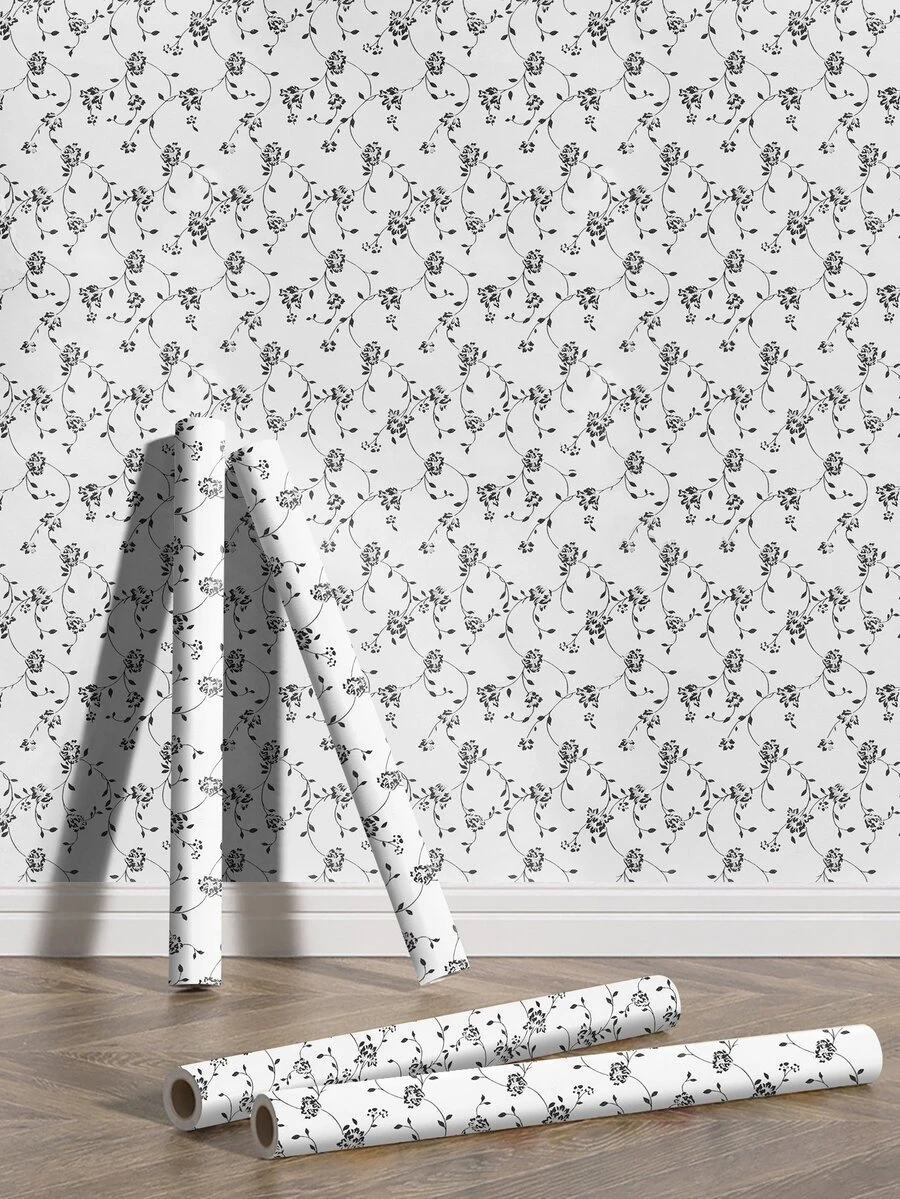1卷自粘pvc花紋壁紙,防水,防潮,適用於傢俱,櫥櫃,衣櫥裝修,歐式花卉印花壁紙,適用於客廳,臥室,家居裝飾 - 黑與白 - 查看 1
