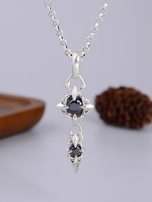 1入組復古&酷925純銀&銀長款吊墜鑲嵌帶白色&黑色方晶鋯石石頭,吊墜合適的適用於情侶,男朋友,萬聖節
