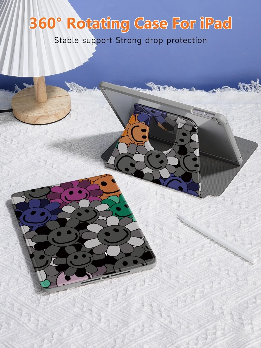 笑脸花朵保护壳兼容 iPad 10.2 英寸 2021/2020 iPad 第 9/8 代，兼容三星 Galaxy Tab A8 10.5 英寸 2022，兼容 Tab 保护套，带笔架，支持自动睡眠/唤醒盖