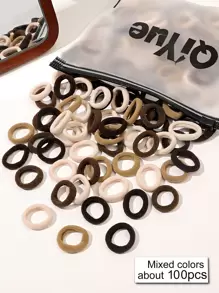 100条装优质简约卡其色高弹力竖条纹迷你编织发圈，适用于高马尾、休闲发圈、马尾辫发绳、发圈、橡皮筋发圈、发绳、弹性发圈、发圈、运动发饰、头饰